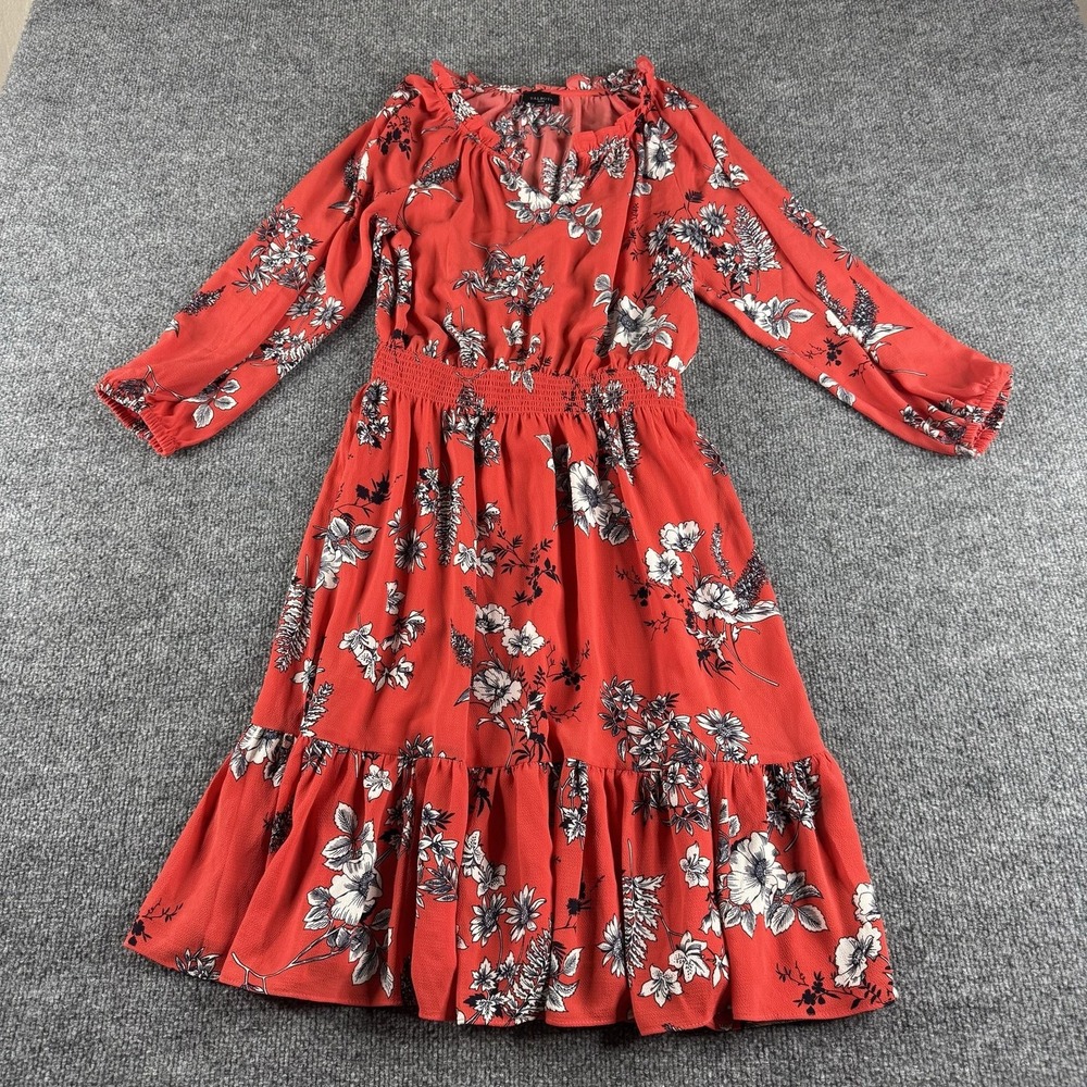Talbots Dress Womens SP Petite Red Floral 3/4‎ Sleeve Ruffle Fit Flare Lined
